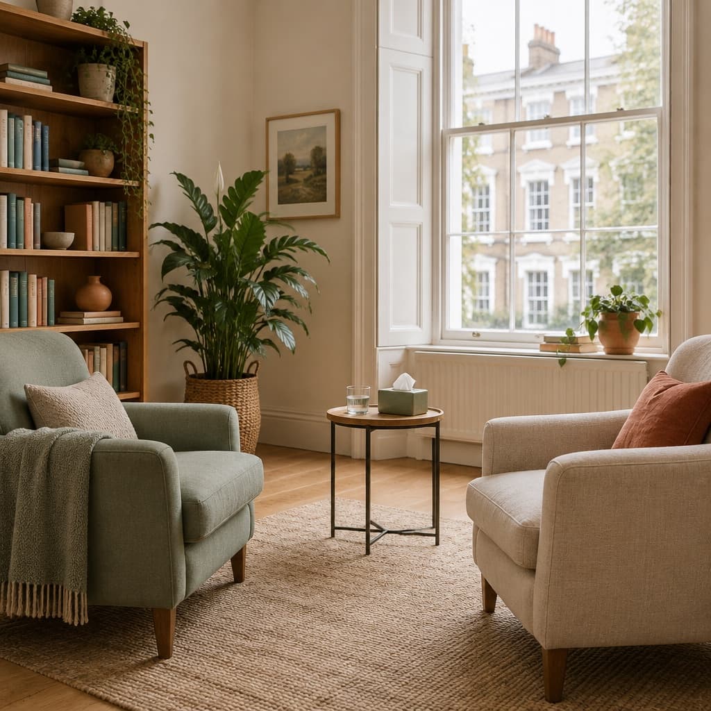A calm consulting room with two armchairs, plants and a tall window